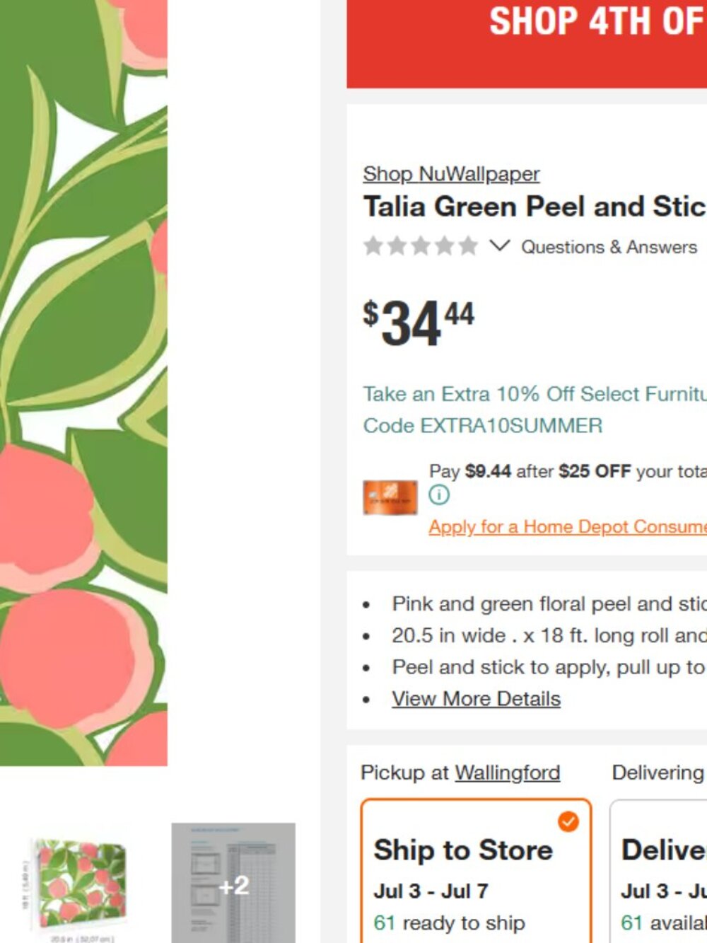 NEW NuWallpaper x Megan Carter Talia Green Peel and Stick Green Peach Wallpaper - Picture 3 of 9